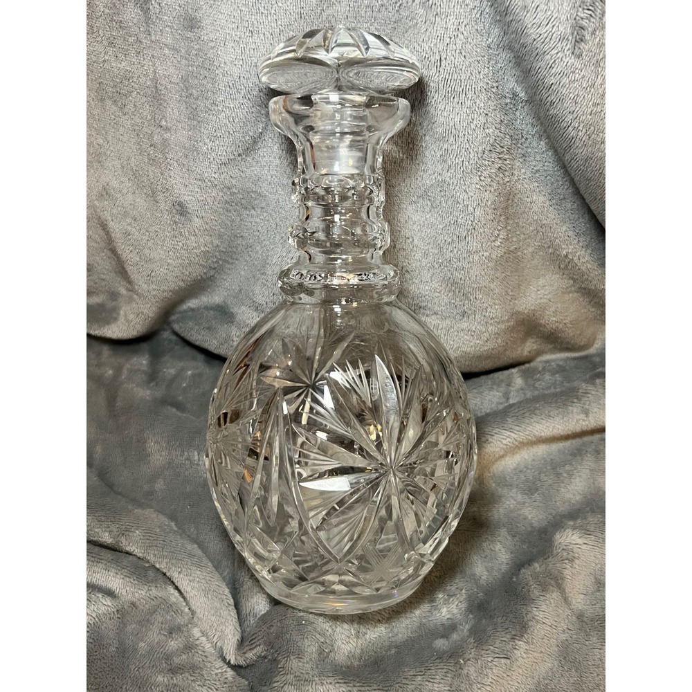 Vintage‎ Cut Crystal Round Decanter w/ Starburst Design & Paneled Stopper